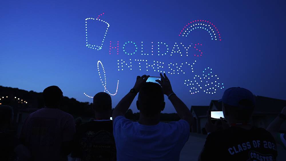 Drones make up the "Holidays in the Sky" logo during the show of the same name at Holiday World.