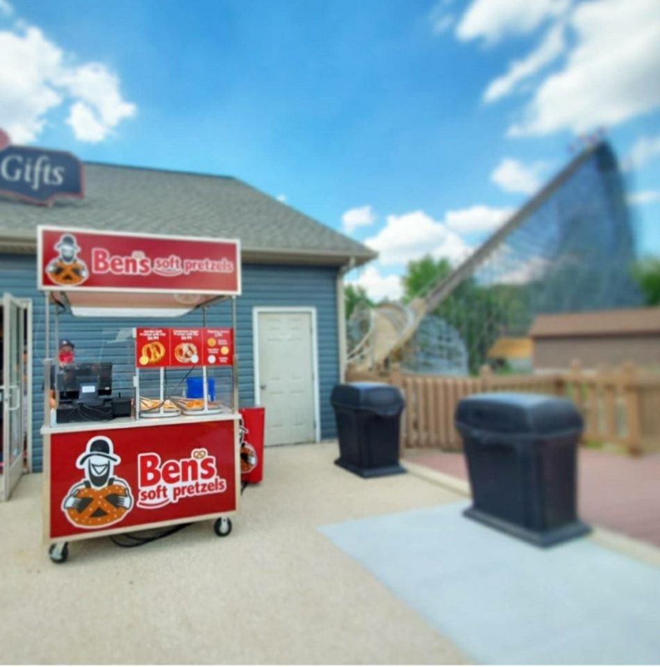 Ben's Soft Pretzel Stand in Thanksgiving Section with The Voyage Wooden Coaster