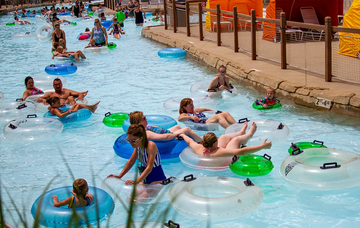 People relaxing on Bahari River lazy river at Holiday World & Splashin' Safari in Santa Claus, Indiana.