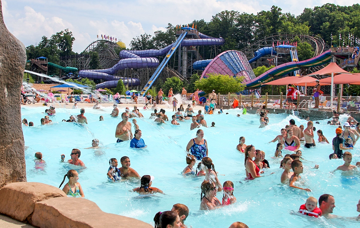 People enjoying the waves in Bahari Wave Pool at Holiday World & Splashin' Safari in Santa Claus, Indiana.