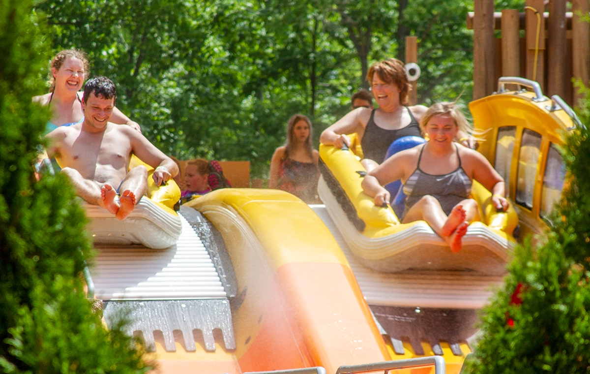 Two boats launching from the station of Cheetah Chase at Holiday World & Splashin' Safari in Santa Claus, Indiana.
