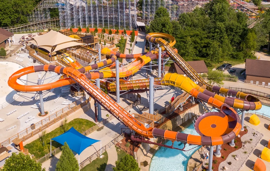 Aerial view of Cheetah Chase Water Coaster at Holiday World & Splashin' Safari in Santa Claus, Indiana.