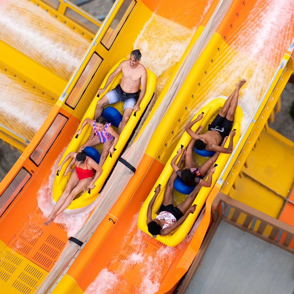 Two boats meeting at the head-to-head section of Cheetah Chase Water Coaster at Holiday World & Splashin' Safari in Santa Claus, Indiana.