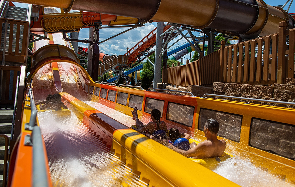Two boats launching through the first RocketBLAST section of Cheetah Chase Water Coaster at Holiday World & Splashin' Safari in Santa Claus, Indiana.