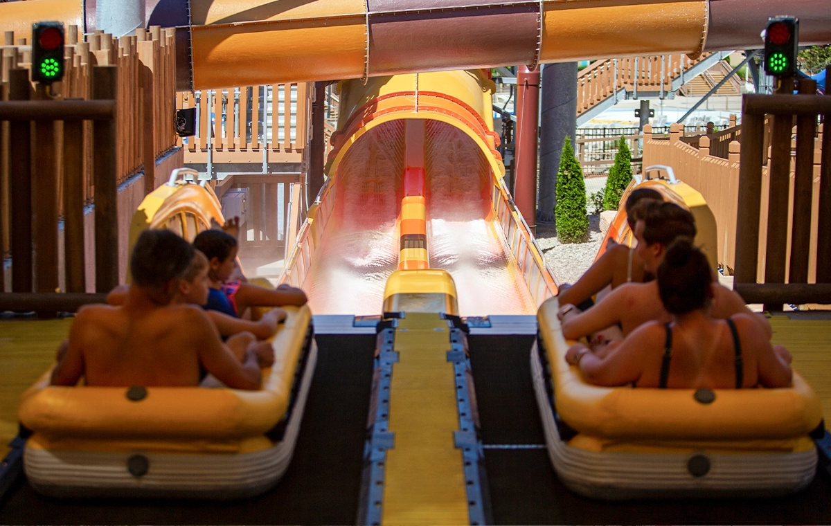 Two boats ready to launch from the station of Cheetah Chase Water Coaster at Holiday World & Splashin' Safari in Santa Claus, Indiana.