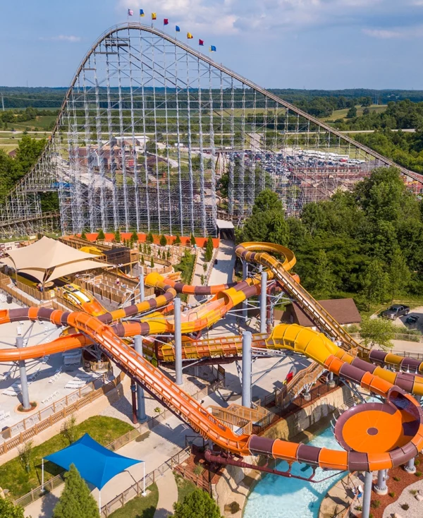 Aerial view of Cheetah Chase Water Coaster & The Voyage at Holiday World & Splashin' Safari in Santa Claus, Indiana.