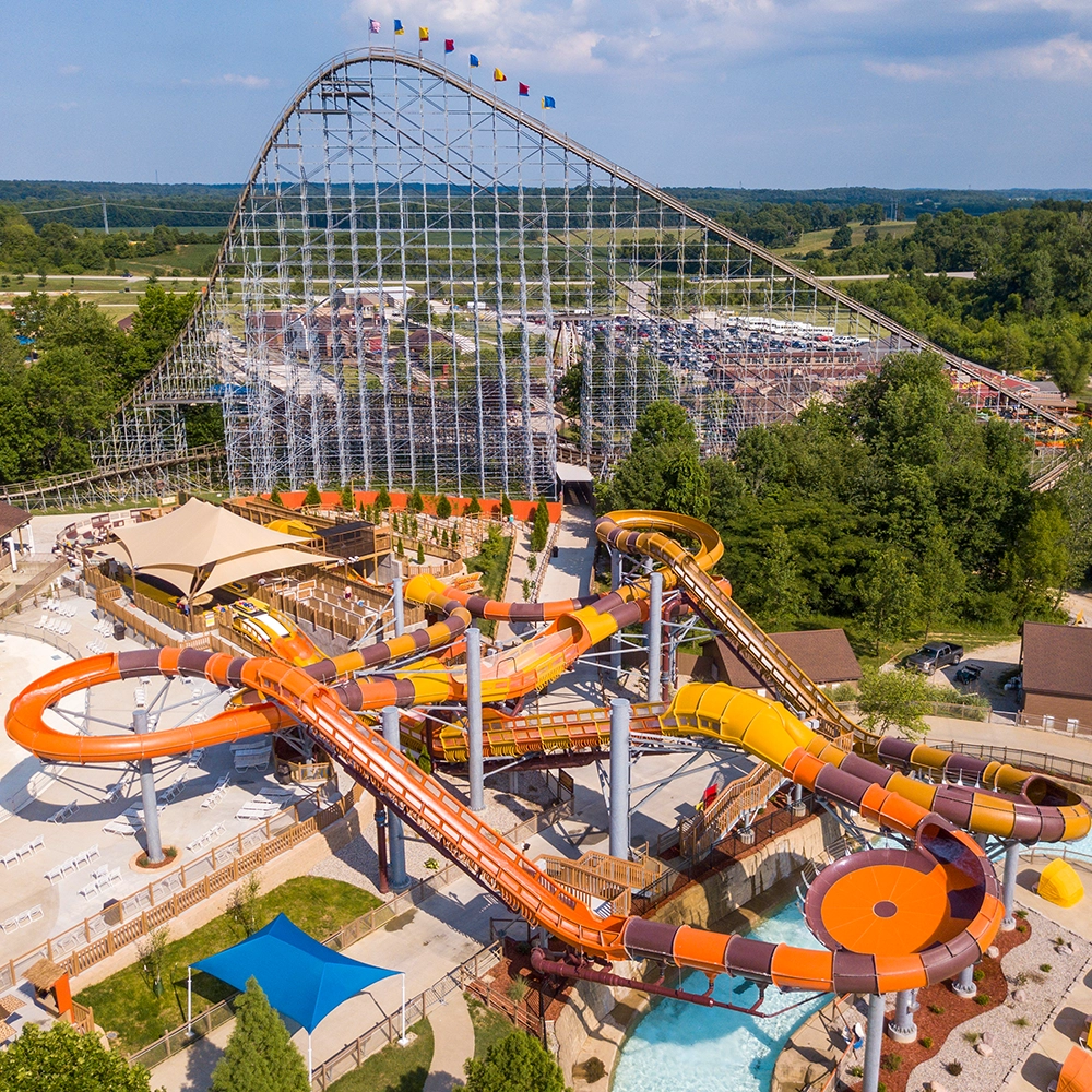 Aerial view of Cheetah Chase Water Coaster & The Voyage at Holiday World & Splashin' Safari in Santa Claus, Indiana.