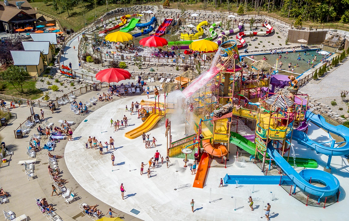 Aerial view of Kima Bay, Tembo Falls, and Tembo Tides at Holiday World & Splashin' Safari in Santa Claus, Indiana.