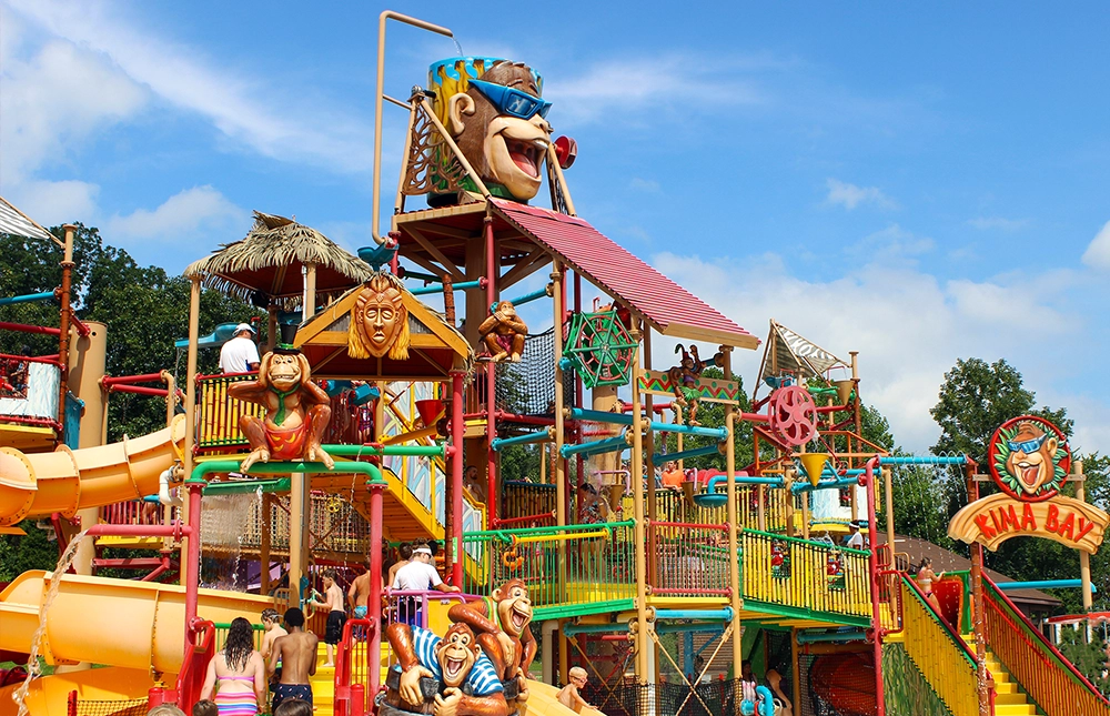 A wide view of the structure of Kima Bay at Holiday World & Splashin' Safari in Santa Claus, Indiana.