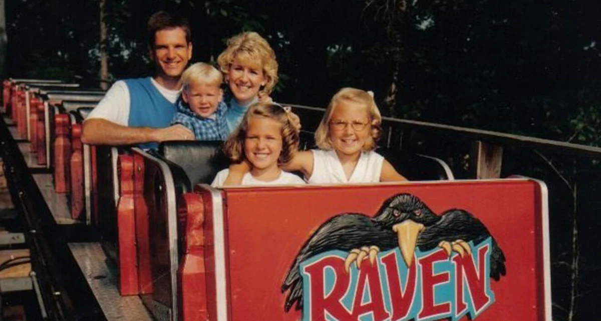 Will & Lori Koch pose on Holiday World's first major roller coaster, The Raven, with their children William, Leah, and Lauren in the 1990s.