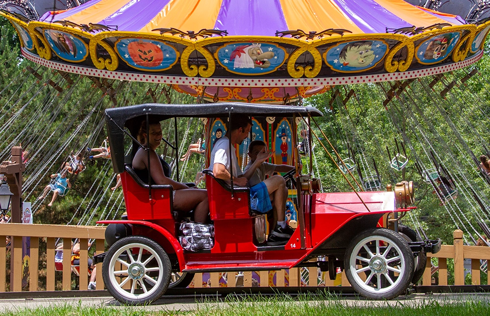 Lewis & Clark Trail in front of HallowSwings at Holiday World & Splashin' Safari in Santa Claus, Indiana.