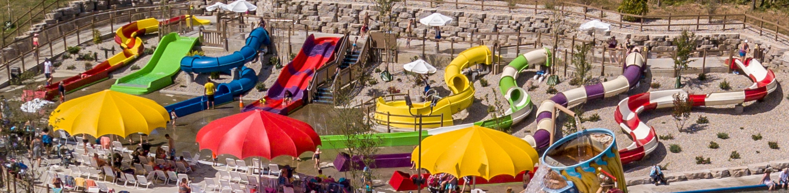 Aerial view of the eight slides of Tembo Falls at Holiday World & Splashin' Safari in Santa Claus, Indiana.