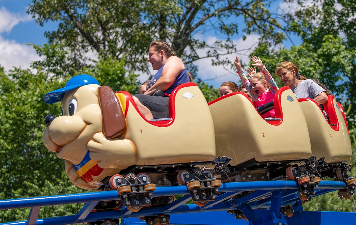 Riders round a bend on The Howler at Holiday World & Splashin' Safari in Santa Claus, Indiana.