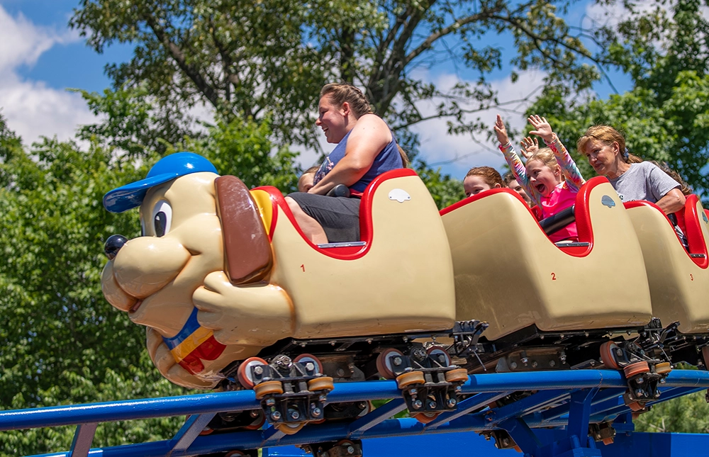 Riders round the bend on The Howler at Holiday World & Splashin' Safari in Santa Claus, Indiana.
