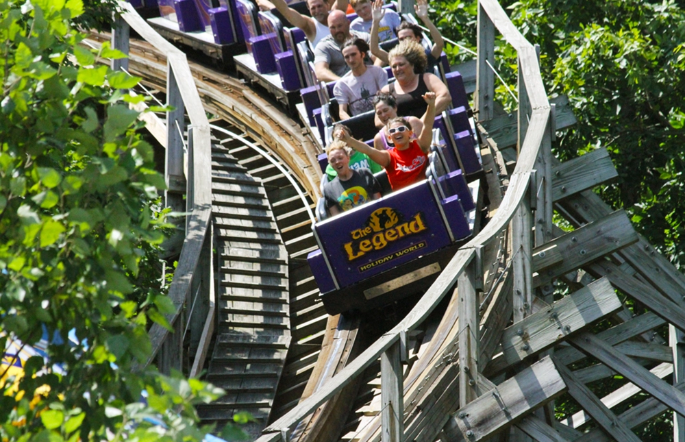Riders enjoying the experience on The Legend Wooden Roller Coaster at Holiday World & Splashin' Safari in Santa Claus, Indiana.