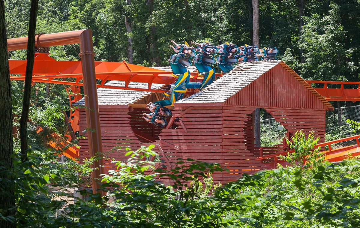 Thunderbird Wing Coaster rolls through a near-miss element at Holiday World & Splashin' Safari in Santa Claus, Indiana.