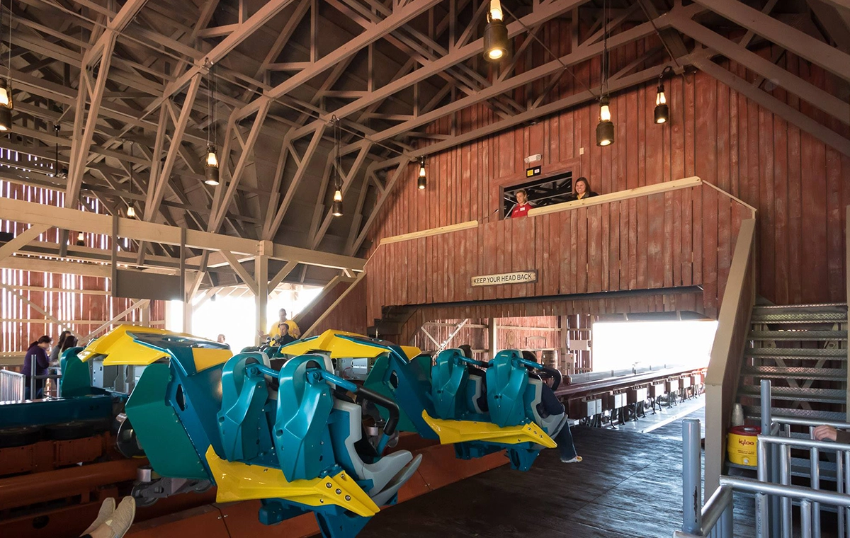 Thunderbird Wing Coaster in the station at Holiday World & Splashin' Safari in Santa Claus, Indiana.