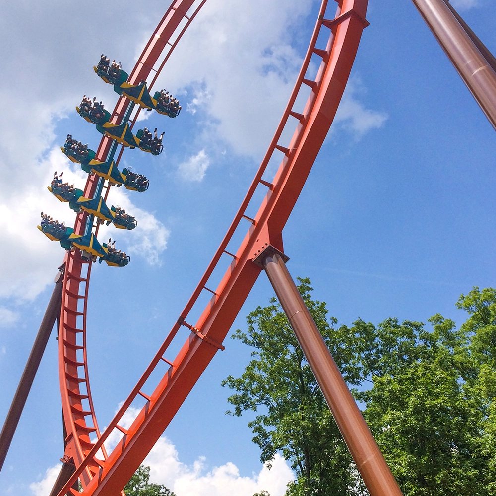 Thunderbird Wing Coaster climbs into the vertical loop at Holiday World & Splashin' Safari in Santa Claus, Indiana.