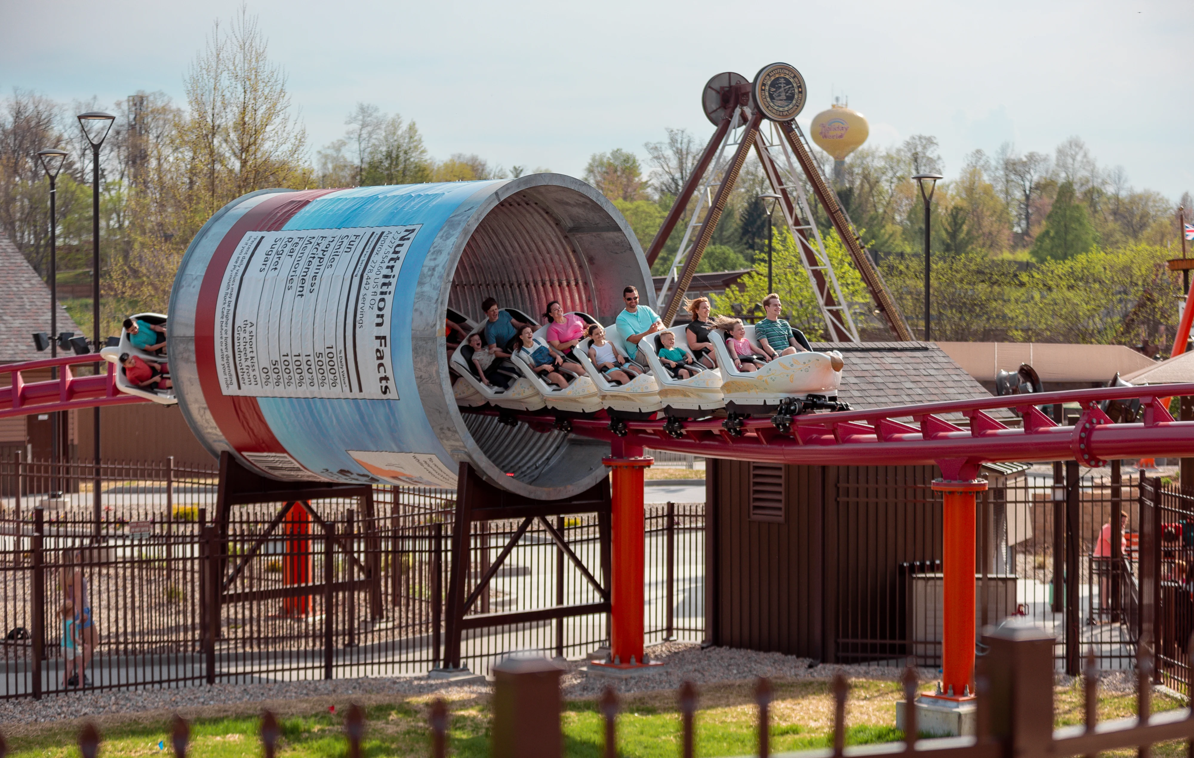 Good Gravy! Family Roller Coaster coming through giant cranberry sauce can tunnel
