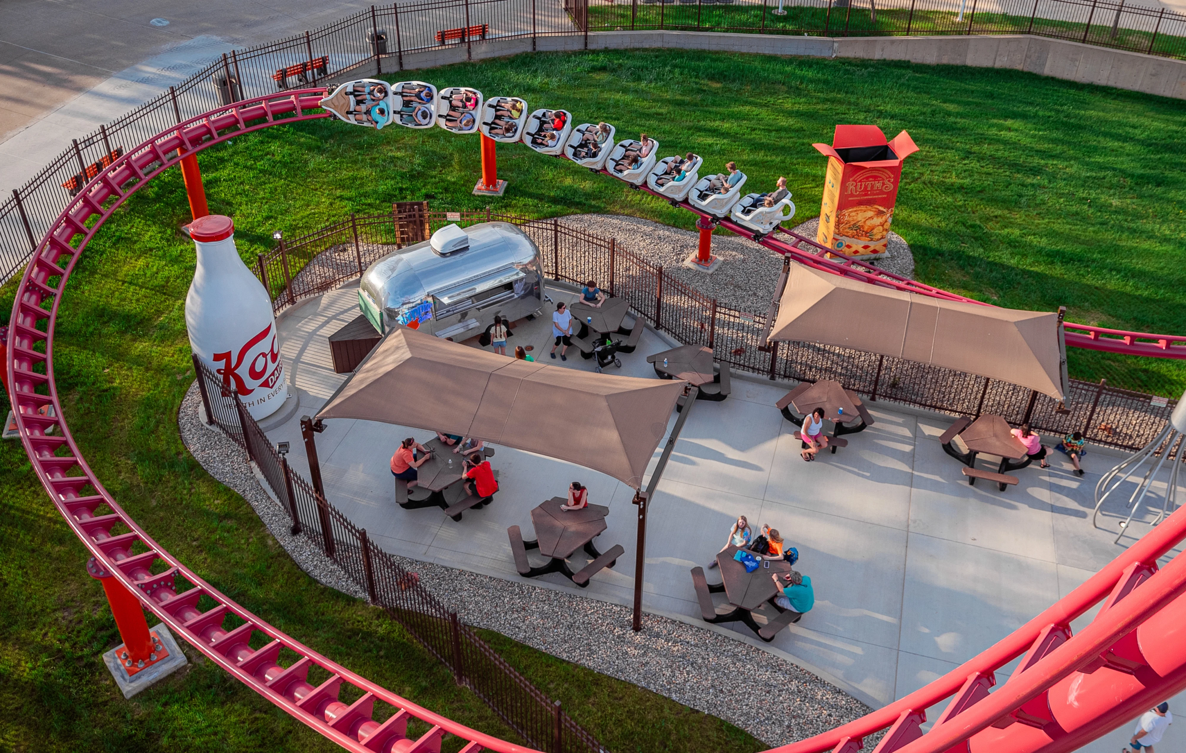 Aerial view of Good Gravy! Family Coaster and Stuffing Springs plaza