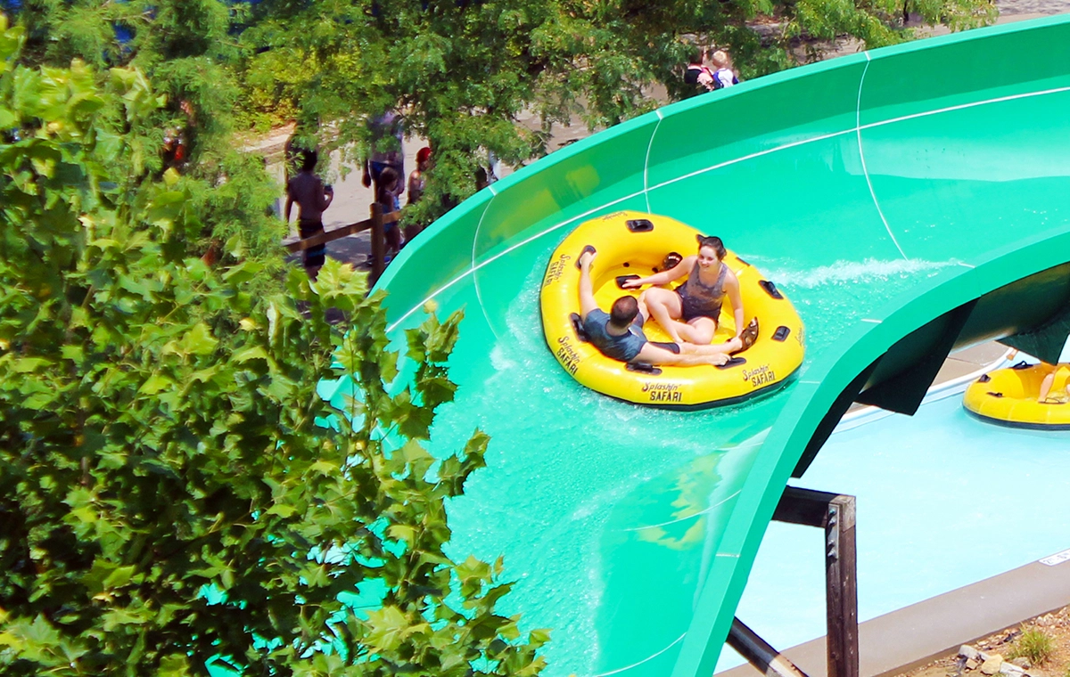 A couple rounds one of the bends of Watubee at Holiday World & Splashin' Safari in Santa Claus, Indiana.