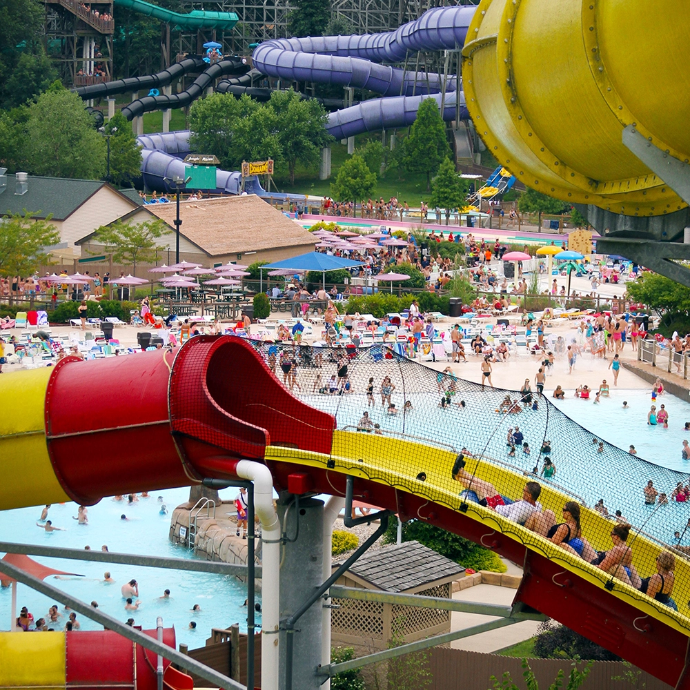Looking from the top of Wildebeest Water Coaster toward Bahari Wave Pool at Holiday World & Splashin' Safari in Santa Claus, Indiana