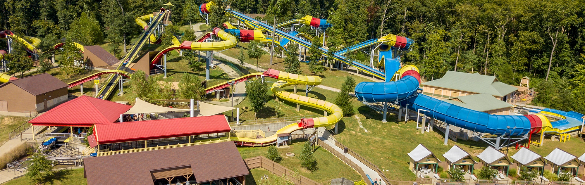 Aerial view of Wildebeest & Mammoth water coasters at Holiday World & Splashin' Safari.